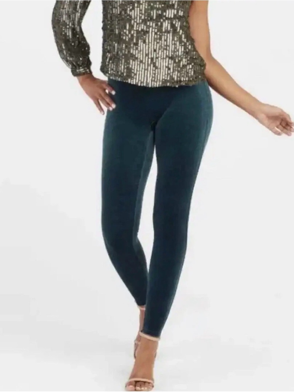 SPANX Emerald Green Velvet Leggings Women L Velour High Rise Holiday Party Pants